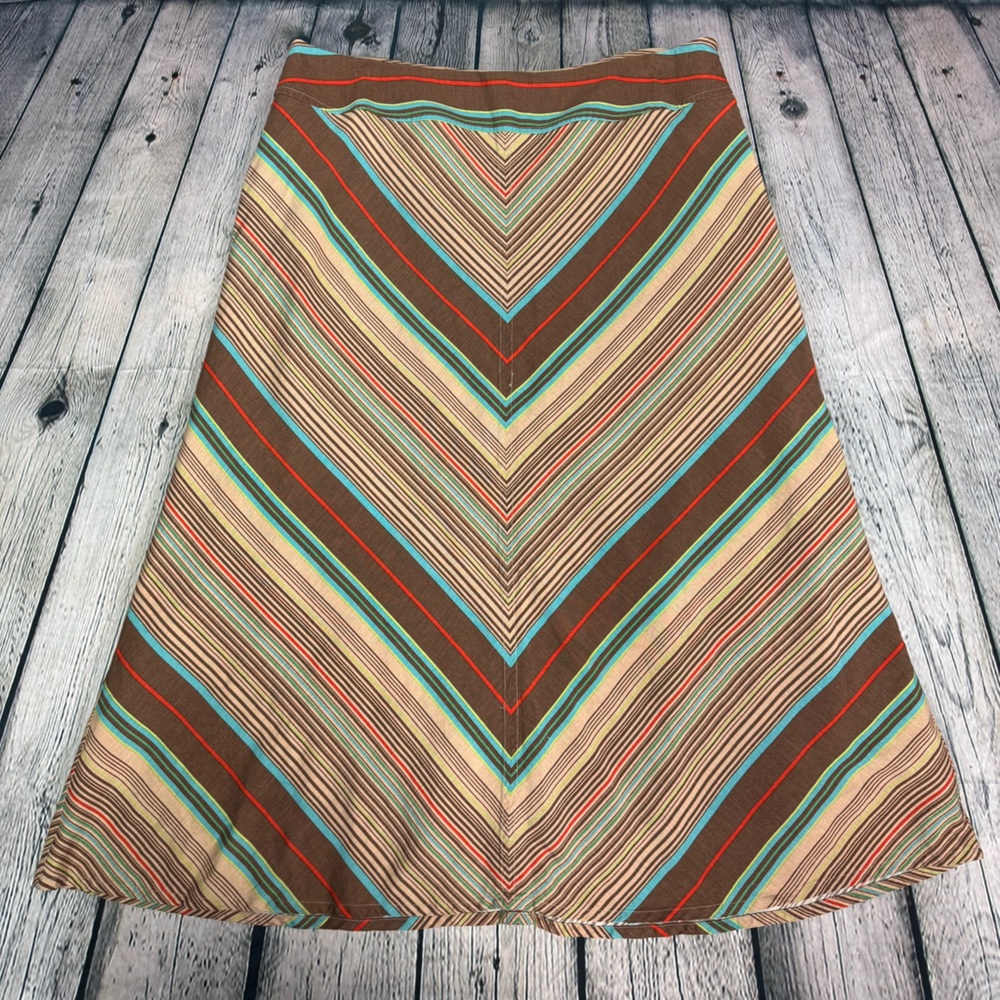East 5th Striped Linen Blend Tan w/ Colorful Chevron Striped Maxi Skirt Size 18